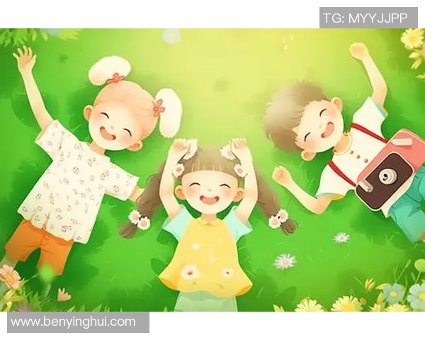 快乐小朋友在草地上踢足球的卡通场景生动有趣的插画展示